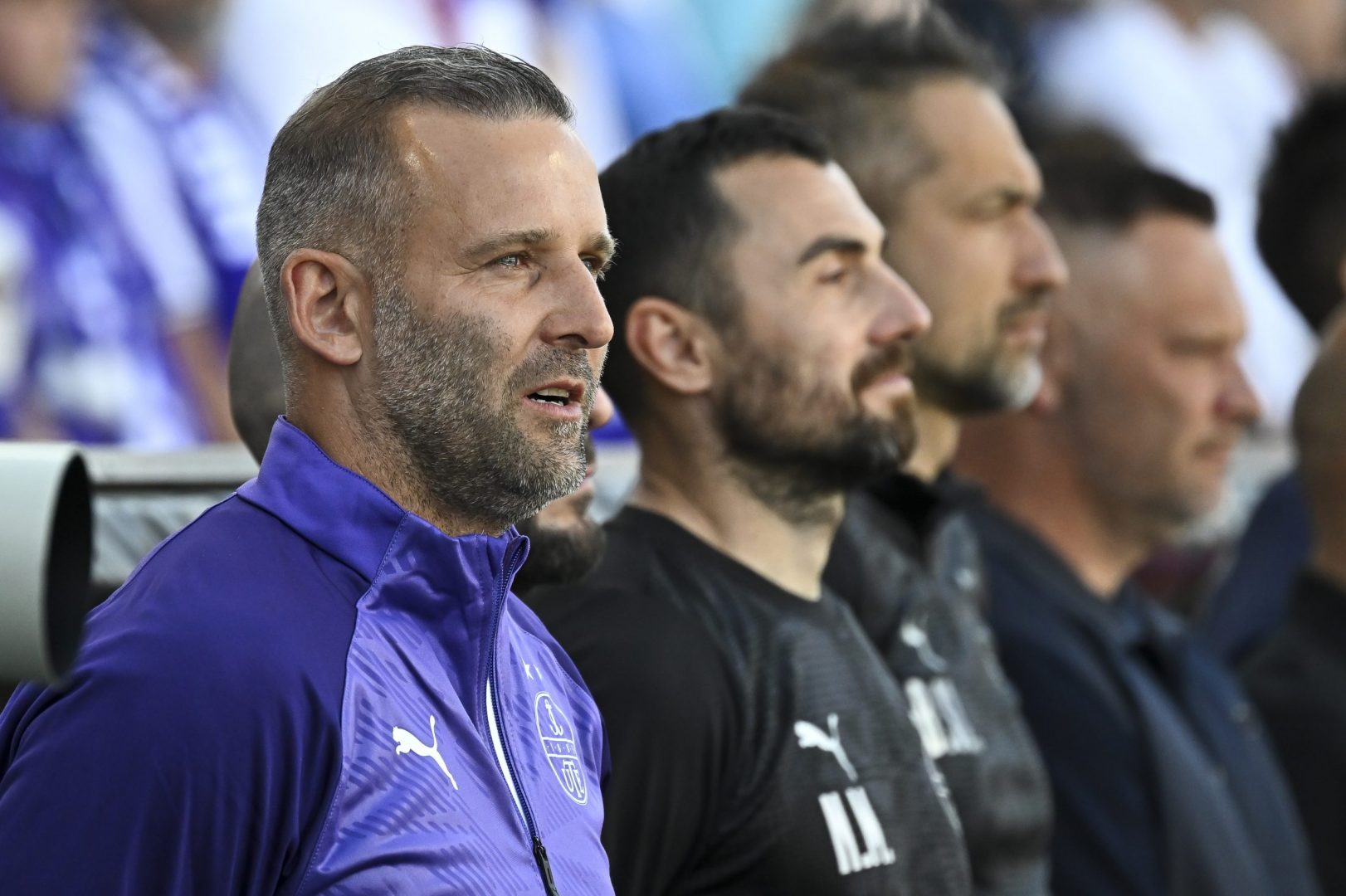 Szélesi Zoltán, az Újpest vezetőedzője a labdarúgó Fizz Liga 32. fordulójában játszott Újpest FC - Ferencvárosi TC mérkőzésen a Szusza Ferenc Stadionban 2026. május 3-án.  MTI/Hegedüs Róbert