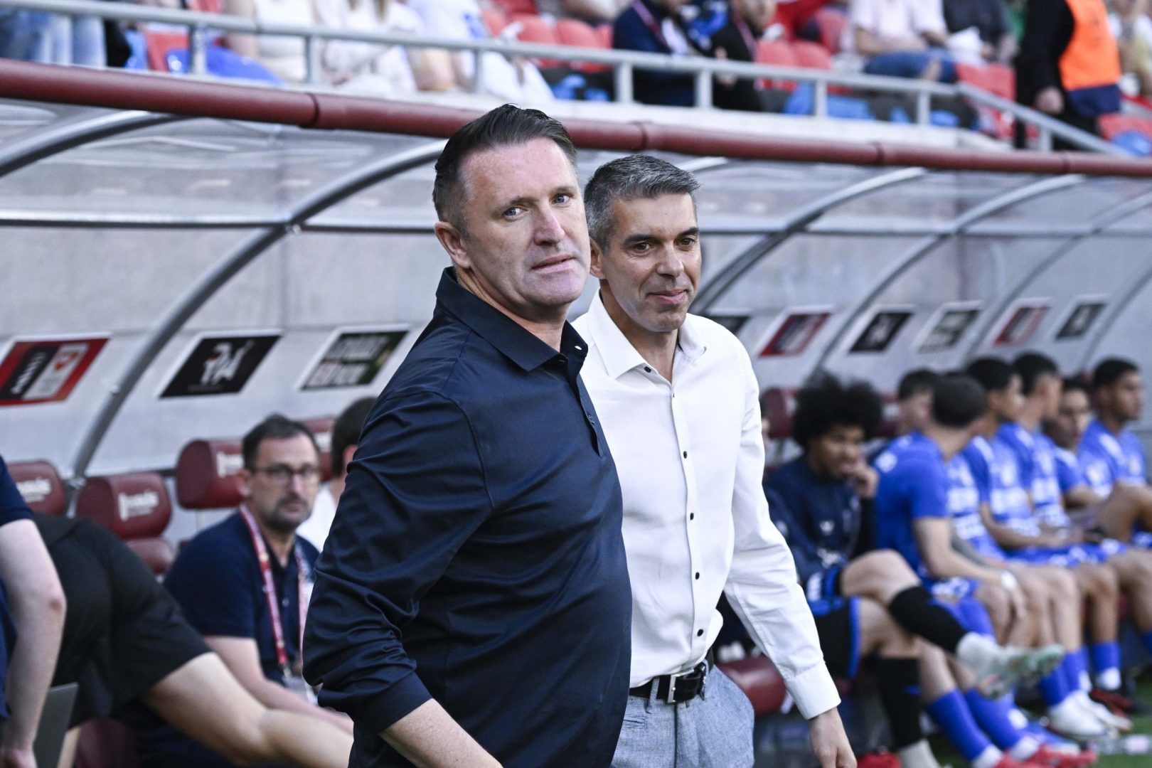 Robert Keane, az FTC (b) és Nuno Campos a ZTE vezetőedzője a labdarúgó MOL Magyar Kupa döntőjében játszott Ferencvárosi TC - ZTE FC mérkőzésen Puskás Arénában 2026. május 9-én.  MTI/Hegedüs Róbert